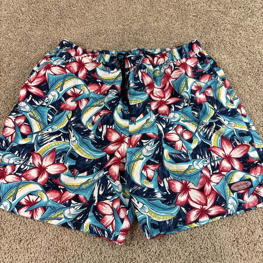 Vineyard Vines Navy, Red & Light Blue Tropical Marlin Swim Trunks